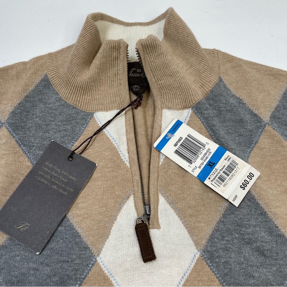NEW 100% Cotton Tasso Elba Blue Brown Argyle Quarter Zip Sweater Size XL - Picture 4 of 5